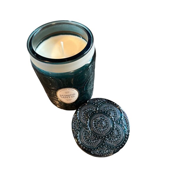 Leoben Candle Co Jasmine Santal 18oz 1 Wick Teal Glass Jar Soy Wax Candle w/Lid - Picture 2 of 5